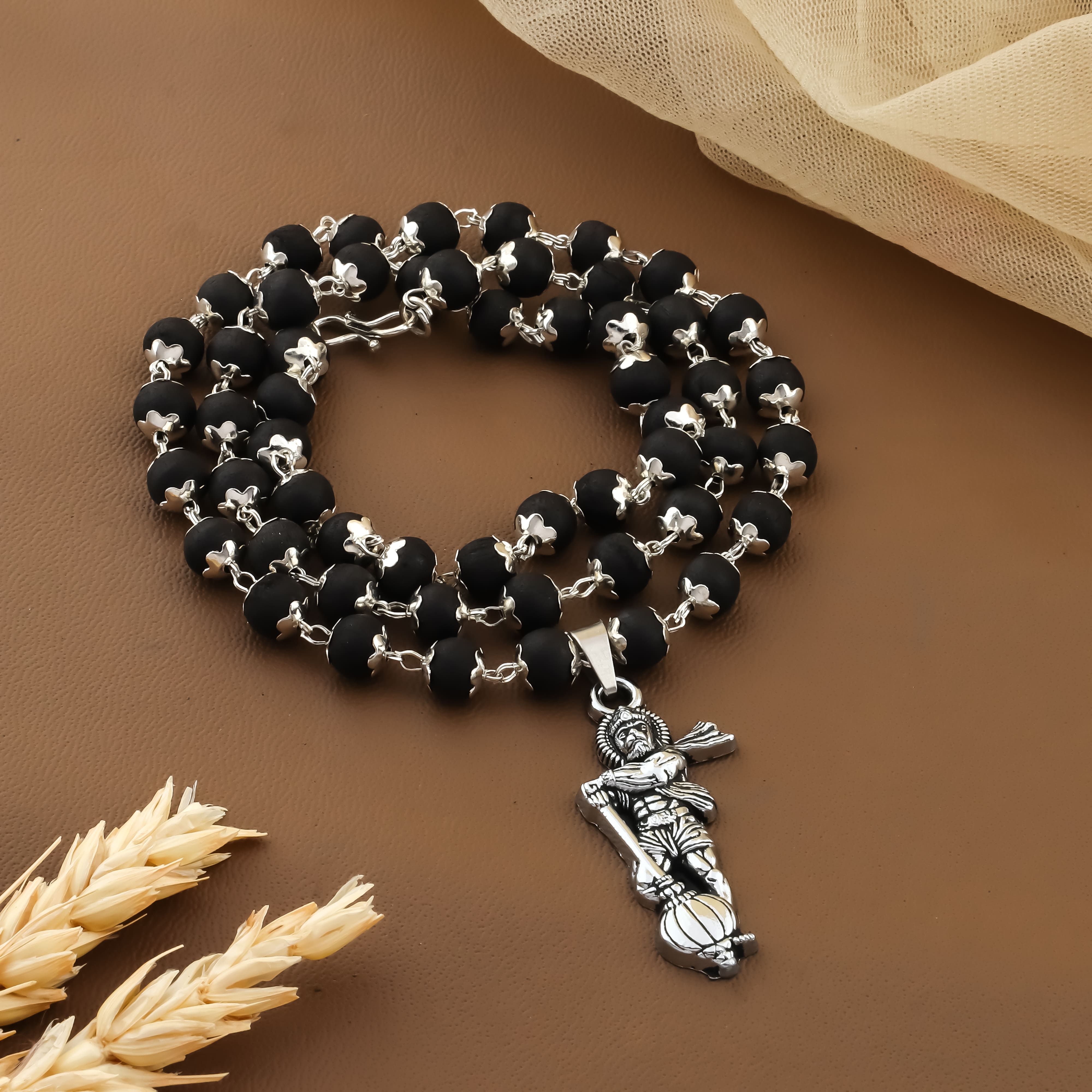 Silver-Capped Karungali Hanuman Mala – Powerful Ebony Wood Protection Necklace