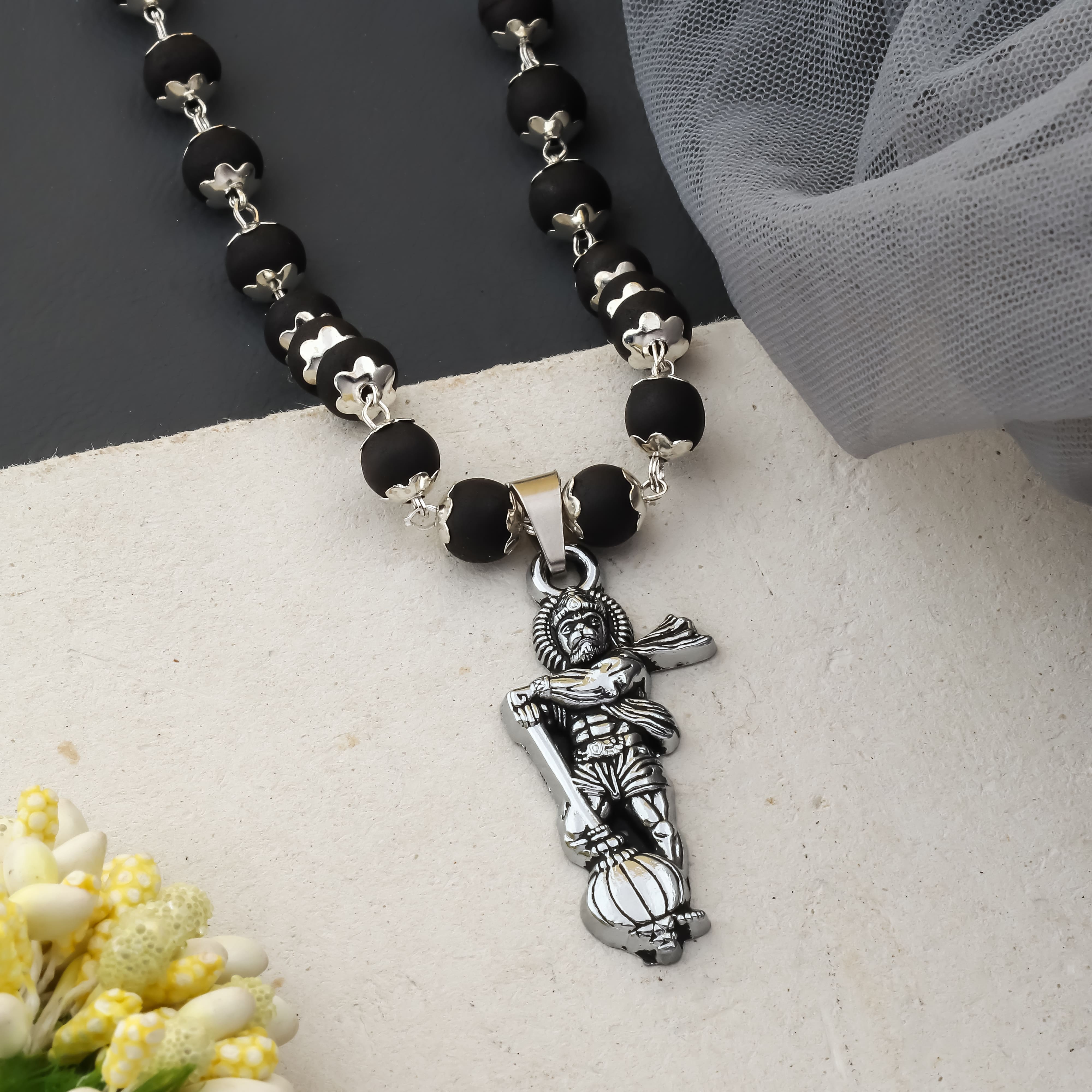 Silver-Capped Karungali Hanuman Mala – Powerful Ebony Wood Protection Necklace