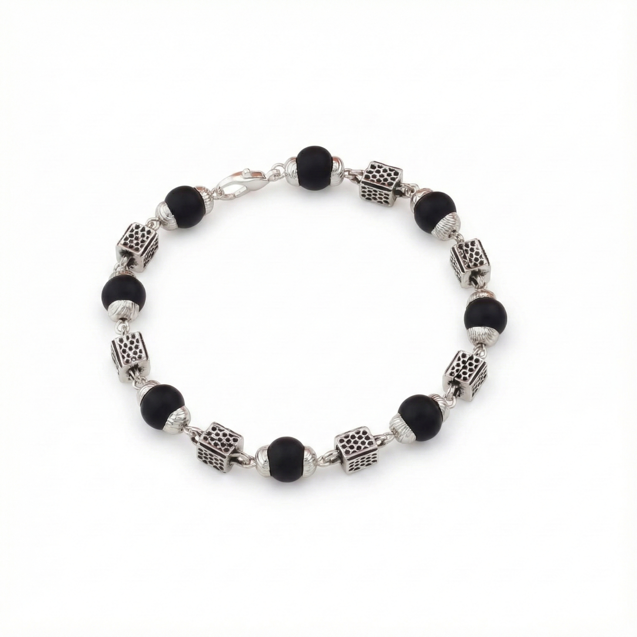 Karungali Ebony Wood Bracelet with Silver-Toned Cube Accents