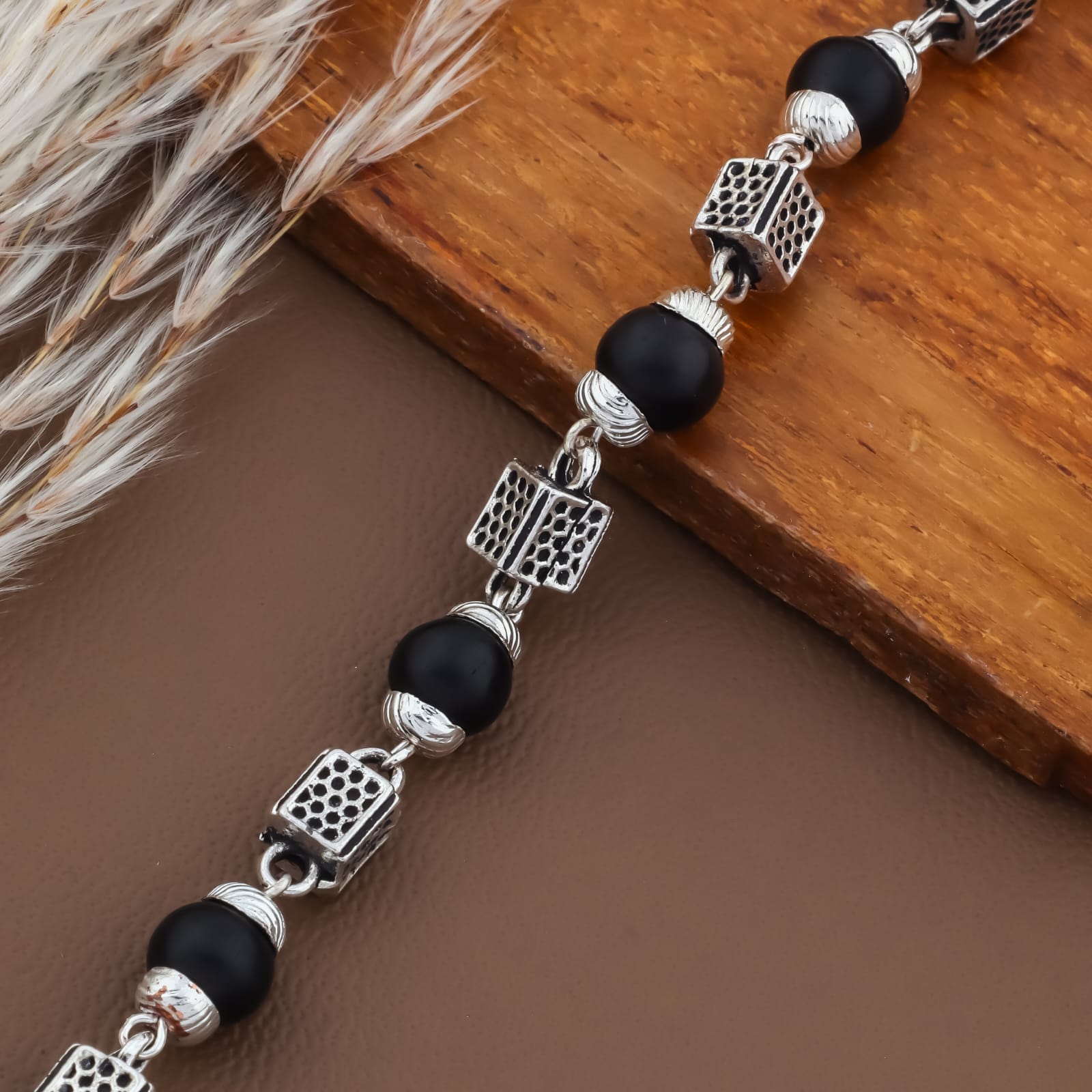 Karungali Ebony Wood Bracelet with Silver-Toned Cube Accents