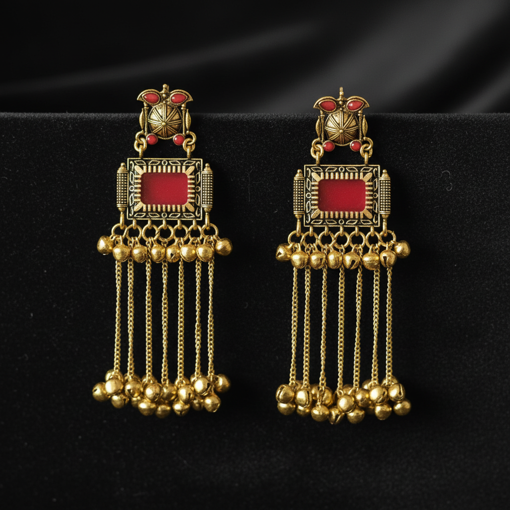Antique Gold Traditional Dangler Earrings with Red Stones