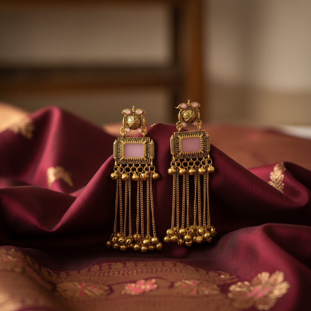 Antique Gold Traditional Dangler Earrings with Pink Stones