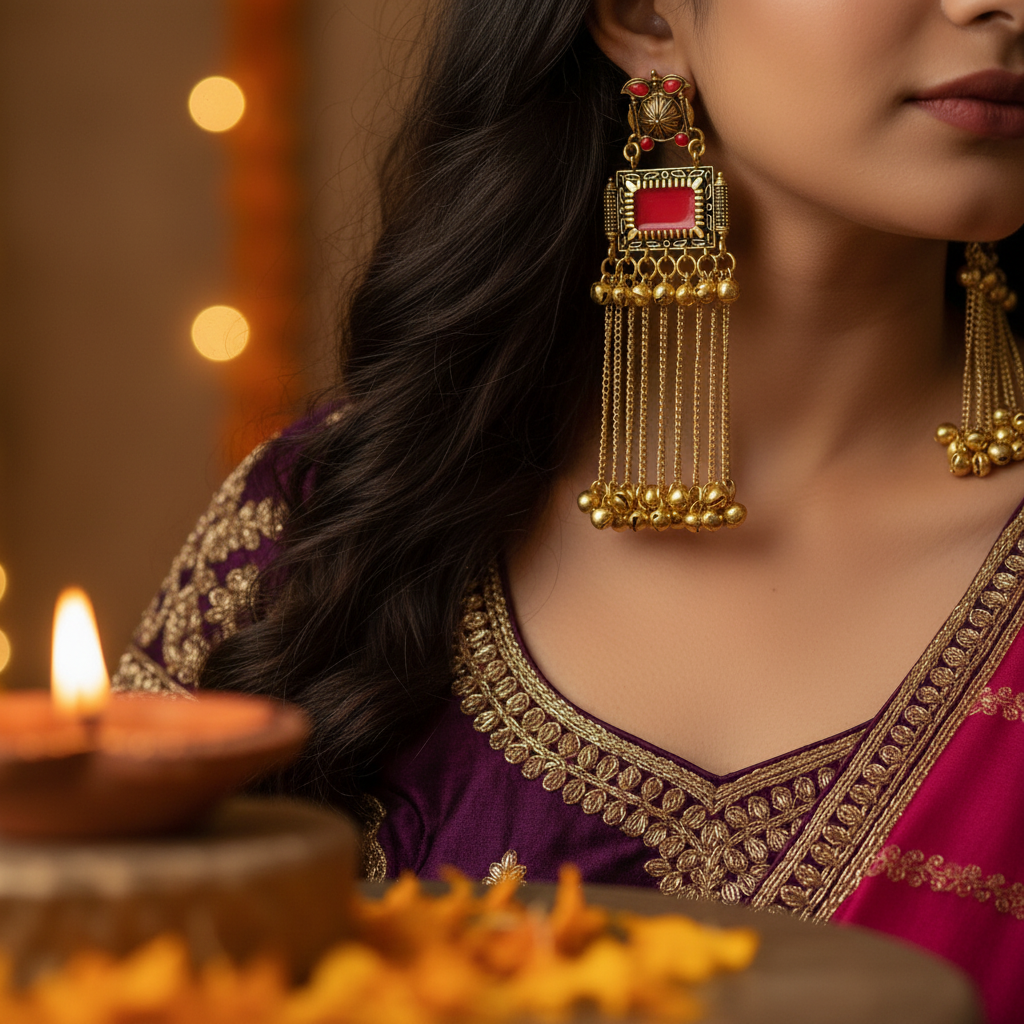 Antique Gold Traditional Dangler Earrings with Red Stones